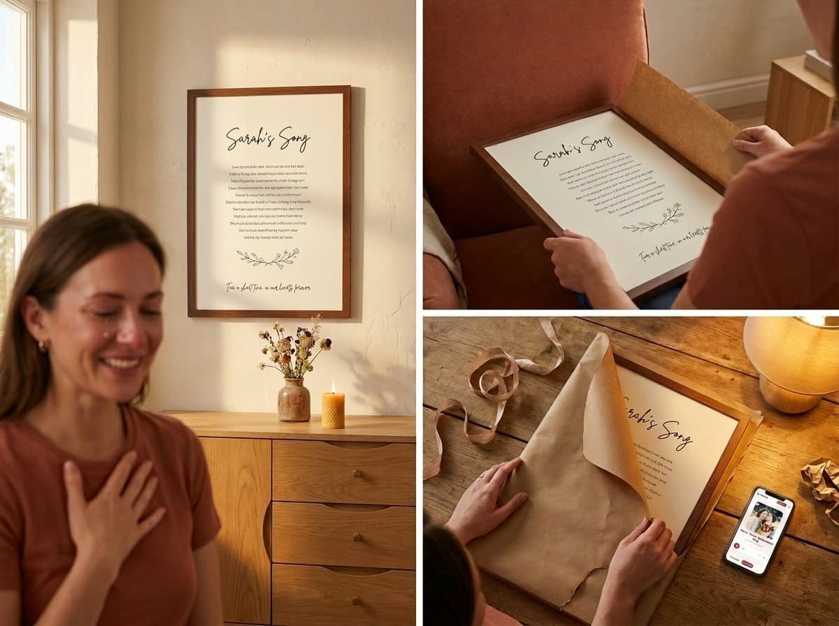 Una lámina de letras de canción enmarcada abriéndose como regalo