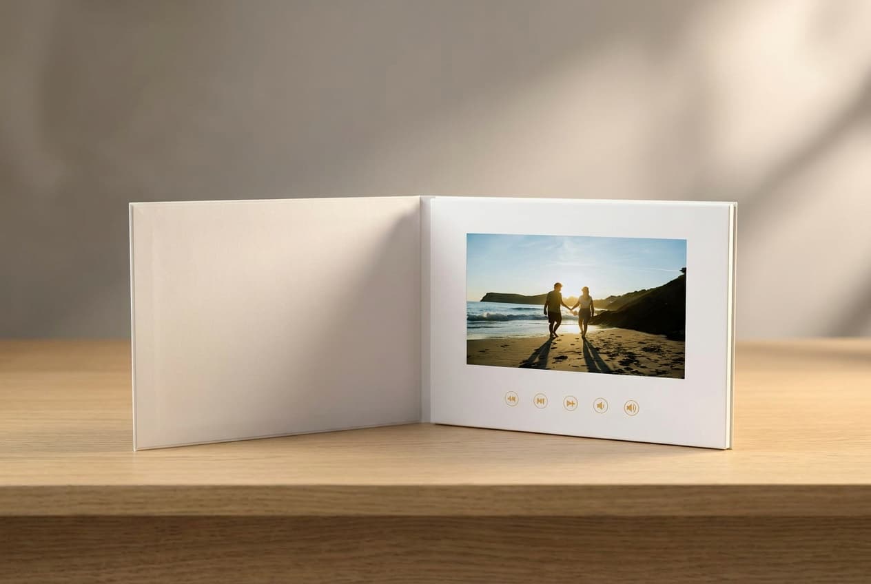 Videobook: un libro de tapa dura con una pantalla que reproduce un vídeo musical